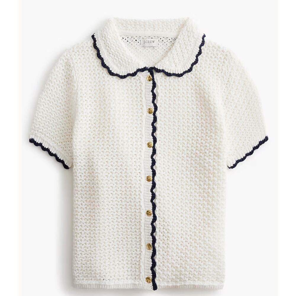 J. Crew Factory Cream Knit Short-Sleeve Cardigan with Navy Trim